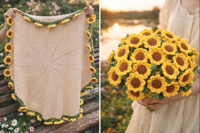 Sunflower Bouquet Blanket in Brown base